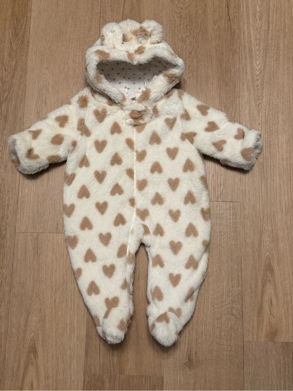 Cozy Cream and Tan Heart Plush One-Piece with Hood